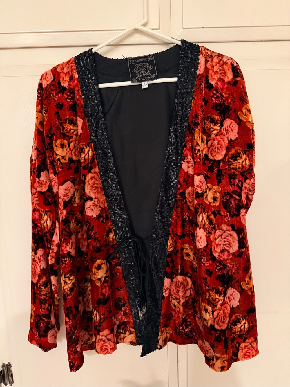 Johnny Was Red Floral Velvet Open-Front Jacket with Black Sequin Trim